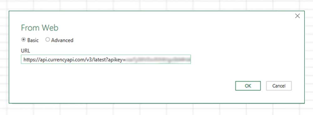 Entering the API key in Excel