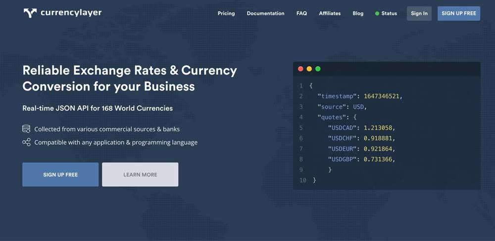 A screenshot from Currencylayer&rsquo;s website