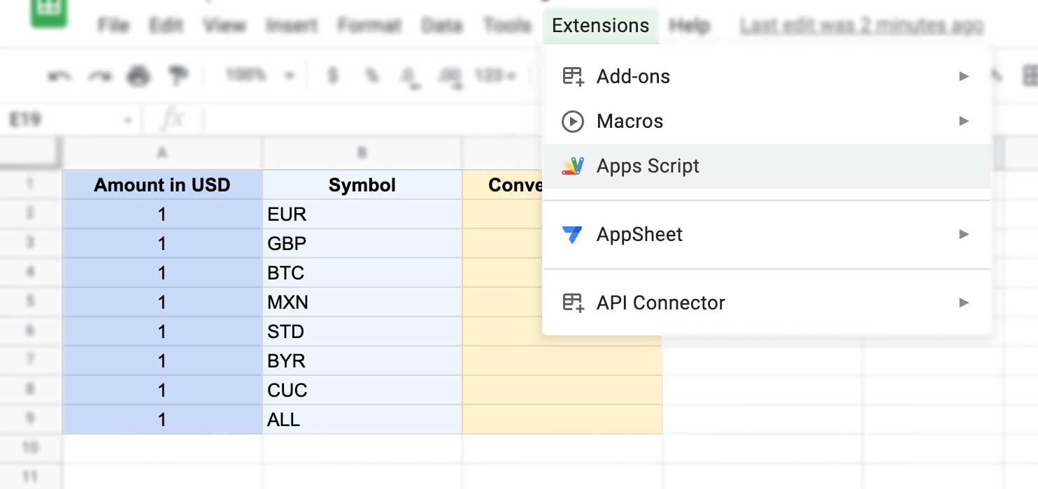 Step 3 of using an API in Gsheets: Opening Apps Script